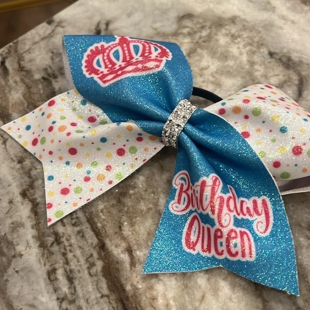 Birthday Queen Cheer Hair Bow with Crown and Blue Sparkles